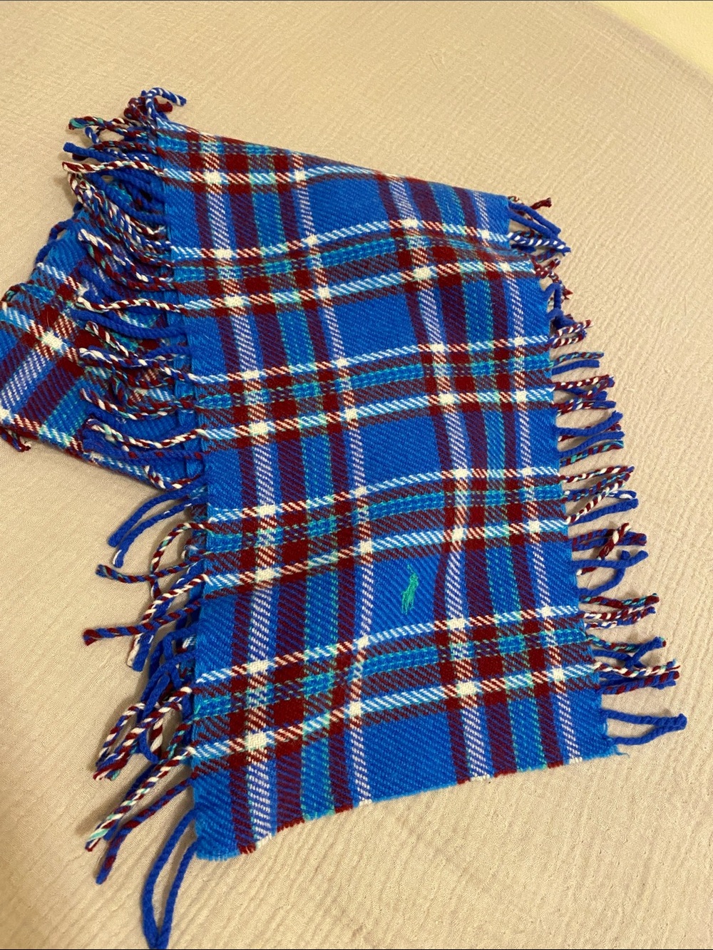 Polo Ralph LaurenMerino Wool Blue Plaid Fringe Scarf with Burgundy Stripes